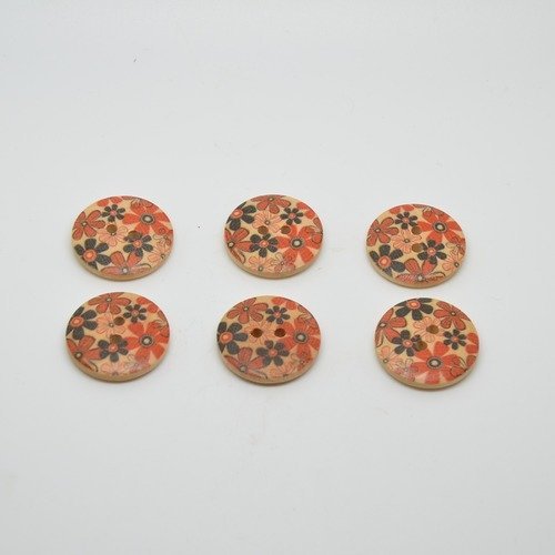 6 boutons en bois imprimé motifs fleurs - 23mm- rouge, bleu