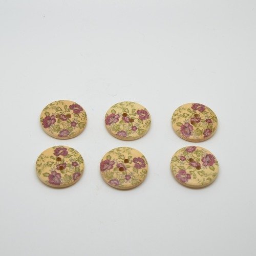 6 boutons en bois imprimé motifs fleurs - 23mm - violet, vert