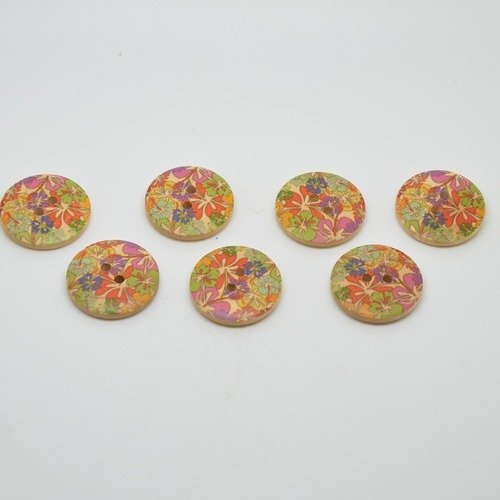 7 boutons en bois imprimé motifs fleurs - 23mm - multicolore