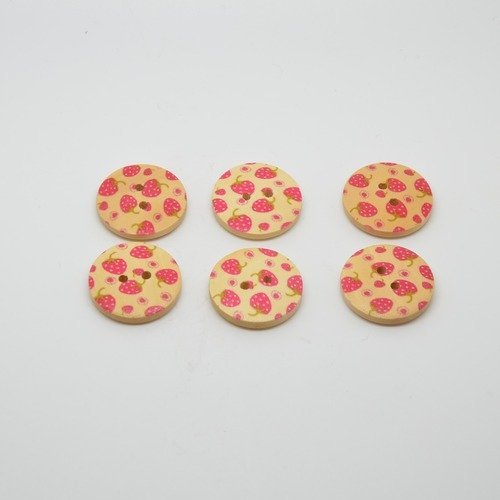 6 boutons en bois imprimé motifs fraises - 23mm - rouge