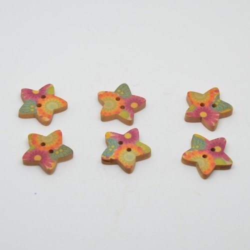 6 boutons en bois étoiles imprimé motifs fleurs - 18mm - violet, bleu, orange
