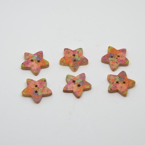 6 boutons en bois étoiles imprimé motifs fleurs - 18mm - multicolores