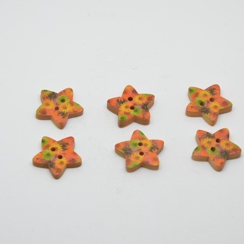 6 boutons en bois étoiles imprimé motifs fleurs - 18mm - multicolores 