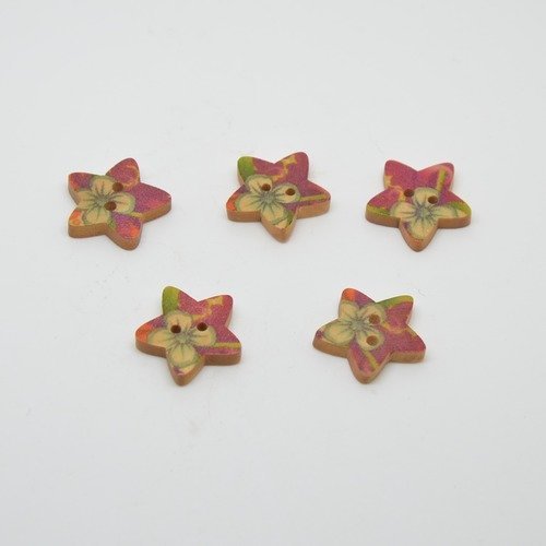 5 boutons en bois étoiles imprimé motifs fleurs - 18mm - violet, bleu