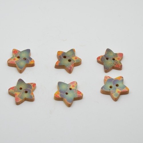 6 boutons en bois étoiles imprimé motifs cœurs - 18mm - bleu, rouge