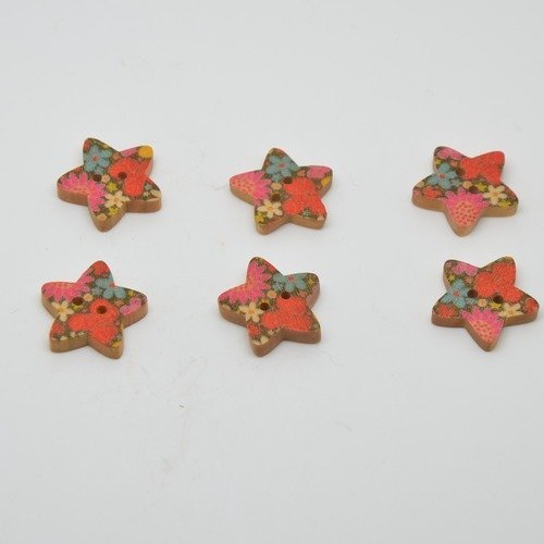 6 boutons en bois étoiles imprimé motifs fleurs - 18mm - rouge, bleu, rose
