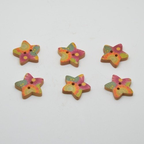 6 boutons en bois étoiles imprimé motifs fleurs - 18mm - violet, bleu, orange