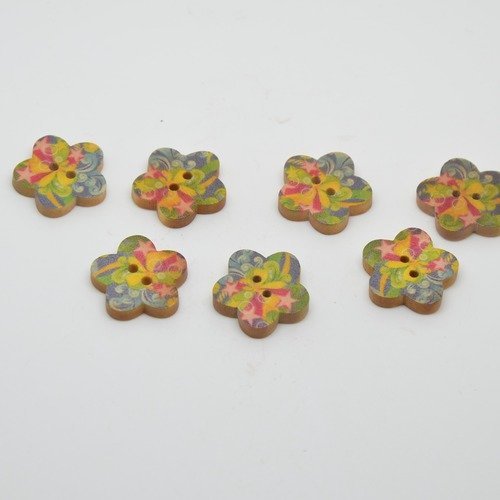 7 boutons en bois fleurs imprimé motifs fleurs - 18mm - violet, bleu, orange