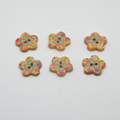 6 boutons en bois fleurs imprimé motifs fleurs - 18mm - turquoise, rose