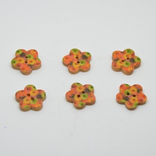 6 boutons en bois fleurs imprimé motifs fleurs - 18mm - multicolore