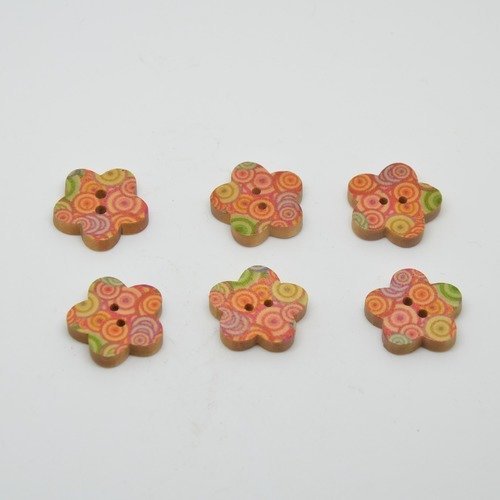 6 boutons en bois fleurs imprimé motifs cercles - 18mm - multicolore