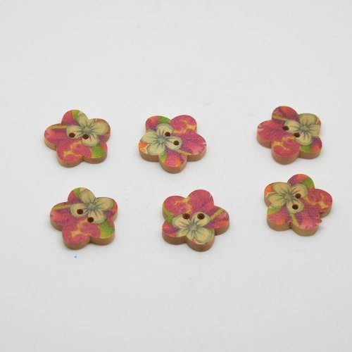6 boutons en bois fleurs imprimé motifs fleurs - 18mm - prune, bleu
