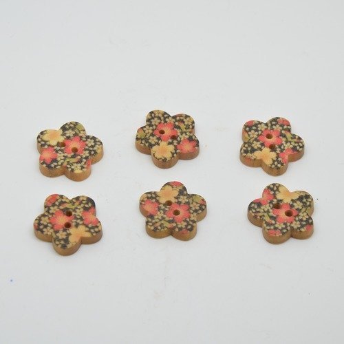 6 boutons en bois fleurs imprimé motifs fleurs - 18mm - rouge, noir