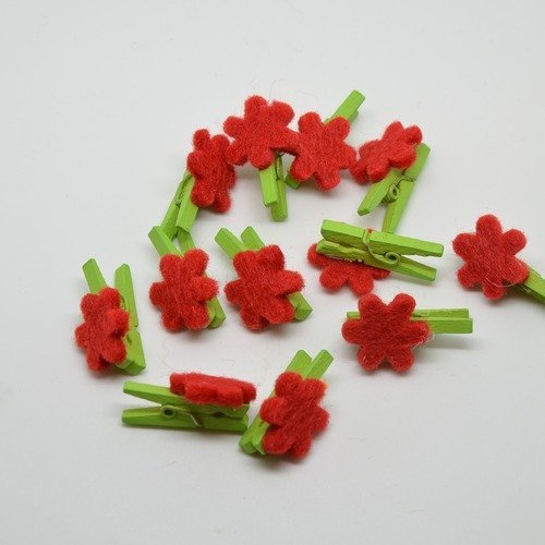 12 mini pinces à linge en bois avec fleur en feutrine - 25mm - vert et rouge