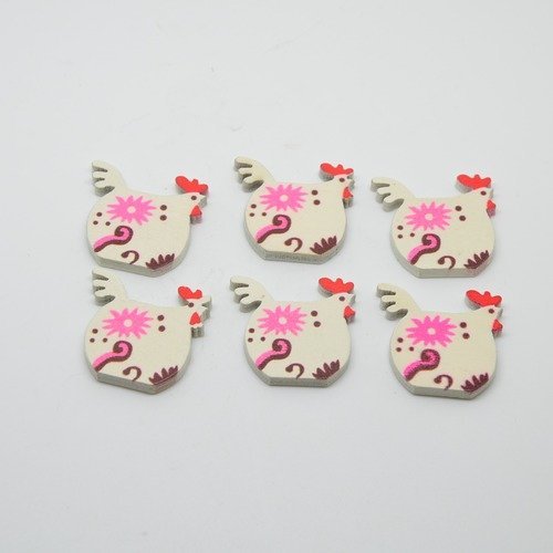 6 stickers poules/cocottes en bois 2d  - blanc/rouge/rose