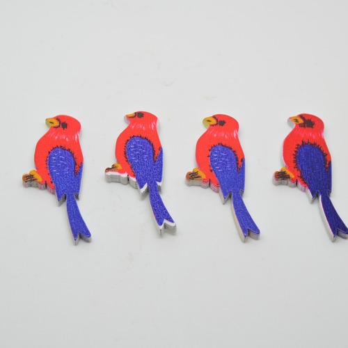 4 stickers oiseaux perruches en bois 2d  - bleu/rouge