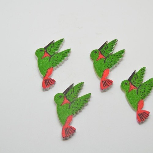 4 stickers oiseaux colibris en bois 2d - vert/rouge