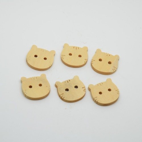 6 boutons tête de chat pour enfants - bois brut - 