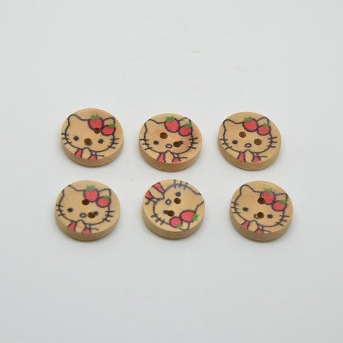 6 boutons motifs hello kitty pour enfants - bois brut/rouge/vert