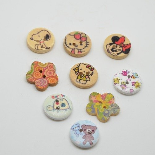 9 boutons motifs variés pour enfants - bois brut/multicolore