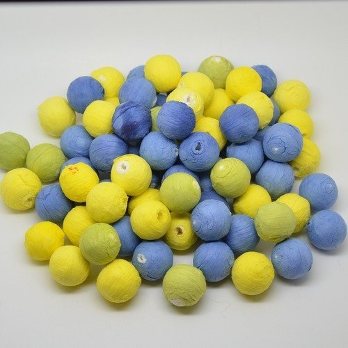 75 boules de cellulose percées bleu, vert, jaune - 16mm