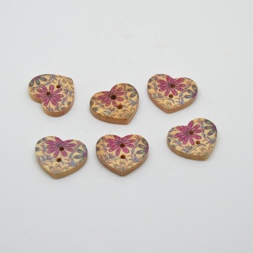 6 boutons cœur en bois imprimé motifs fleurs - prune/bleu 
