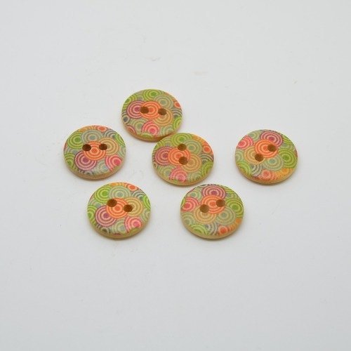 6 boutons en bois imprimé motifs cercles multicolores - 15mm