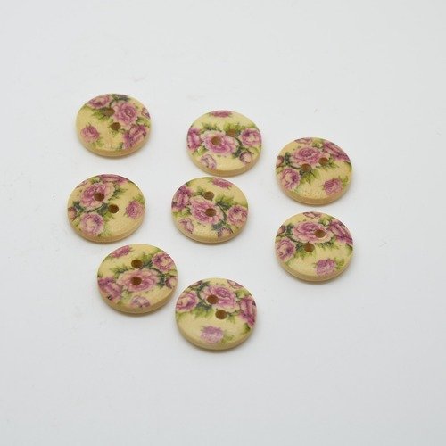8 boutons en bois imprimé motifs fleurs - vert/violet - 15mm