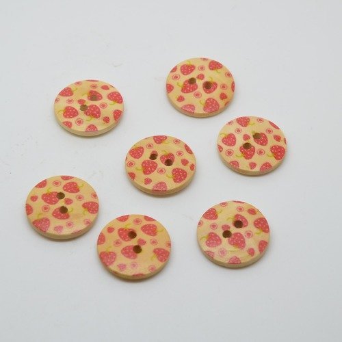 7 boutons en bois imprimé motifs fraises - rouge - 18mm