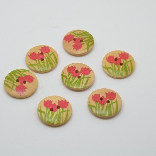 7 boutons en bois imprimé motifs fleurs - rouge/vert - 18mm
