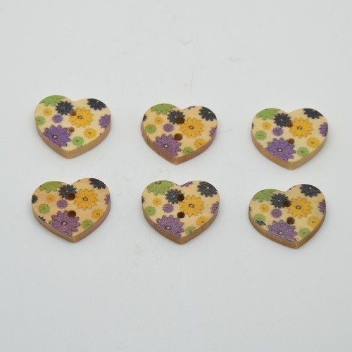 6 boutons cœur en bois imprimé motifs fleurs - violet/vert/jaune