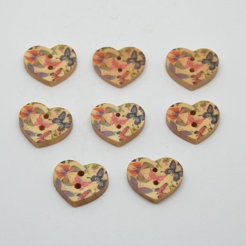 8 boutons cœur en bois imprimé motifs papillons - multicolore