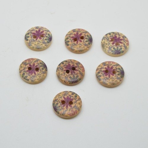 7 boutons en bois imprimé motifs fleurs - prune/bleu - 15mm