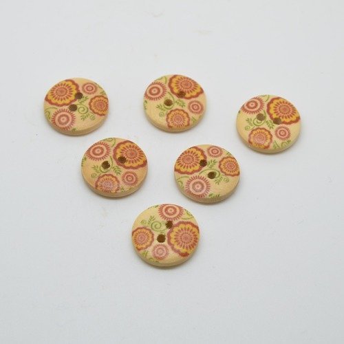 6 boutons en bois imprimé motifs cercles multicolores - 15mm