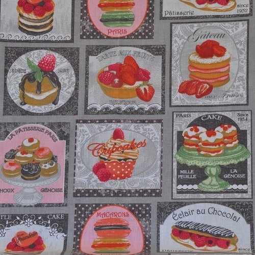 Coupon de tissu 50x55cm pour patchwork - motifs gâteaux, cupcakes, macarons - gris, multicolore