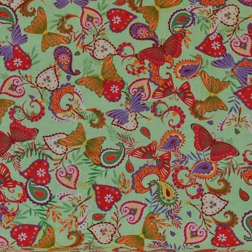 Coupon de tissu 50x67cm pour patchwork - motifs papillons et cachemires - multicolore
