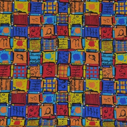 Coupon de tissu 69x53cm pour patchwork - motifs école - multicolore