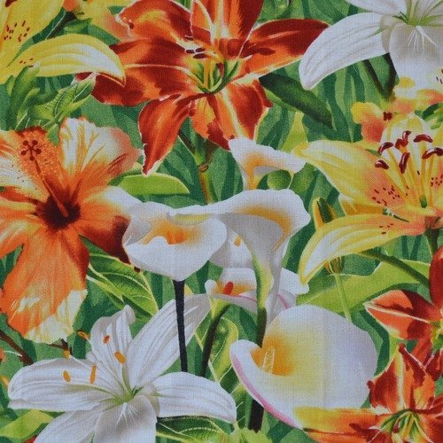 Coupon de tissu 35x35cm pour patchwork - motifs fleurs de lis - orange