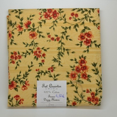 1 coupon de tissu fat quarter 45x55cm pour patchwork - branchages et fleurs - rouge brique, jaune