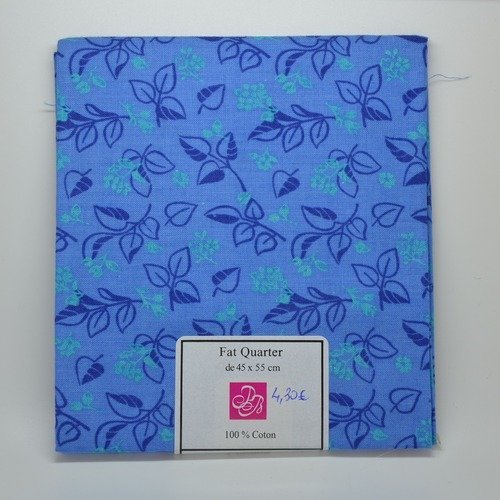 1 coupon de tissu fat quarter 45x55cm pour patchwork - branchages et fleurs - bleu