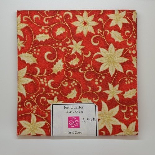 1 coupon de tissu fat quarter 45x55cm pour patchwork - fleurs et feuillages de noël - rouge, beige doré