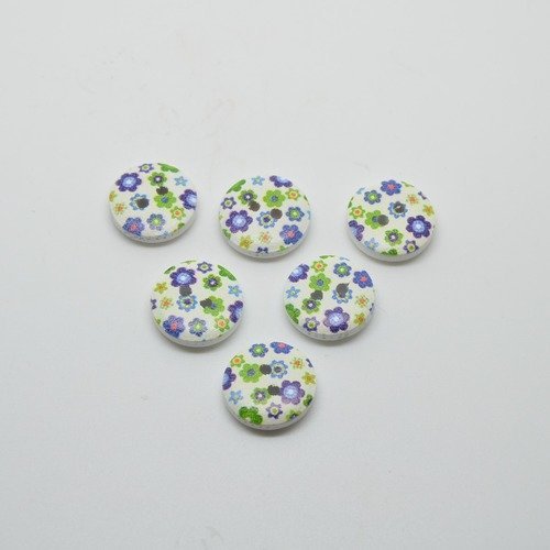 6 boutons en bois imprimé motifs fleurs bleu/vert - 15mm