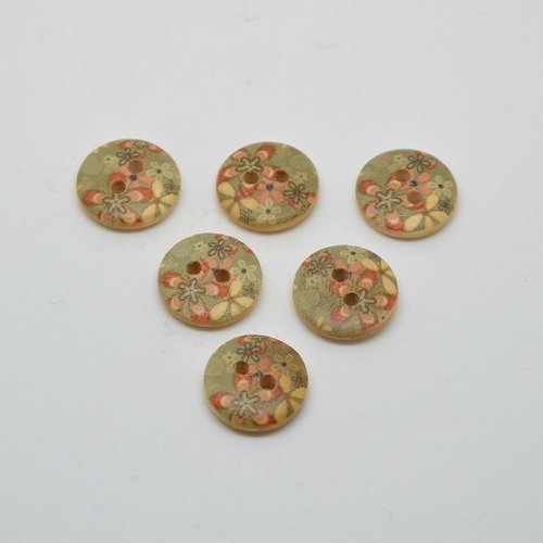 6 boutons en bois imprimé motifs fleurs - jaune/orangé/vert - 15mm