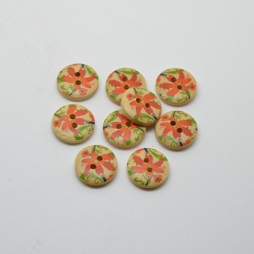 9 boutons en bois imprimé motifs fleur rouge/vert - 15mm