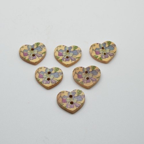 6 boutons cœur en bois imprimé motifs fleurs - bleu/violet 