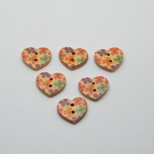 6 boutons cœur en bois imprimé motifs fleurs - violet/orange/vert