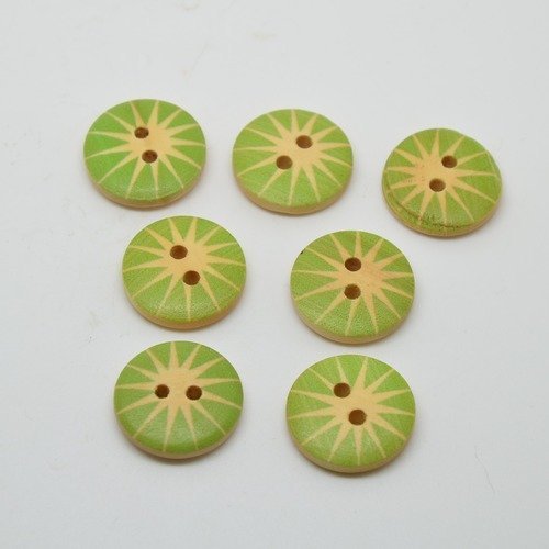 7 boutons en bois imprimé motifs étoiles - vert, écru - 18mm