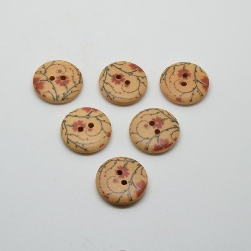6 boutons en bois imprimé motifs fleurs champêtres - rouge/écru - 18mm