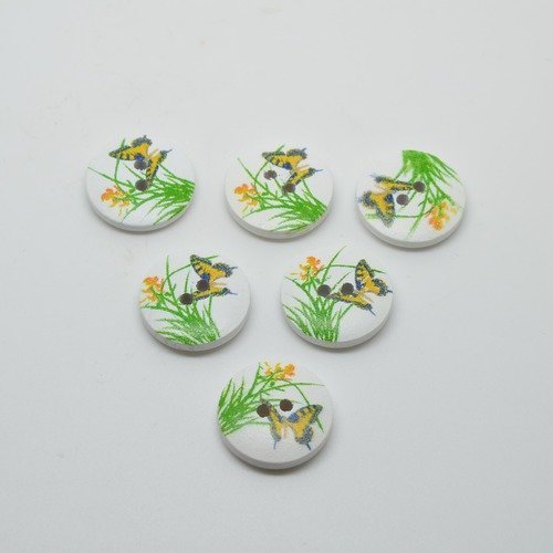 6 boutons en bois imprimé motifs papillons et herbe - jaune/vert - 18mm