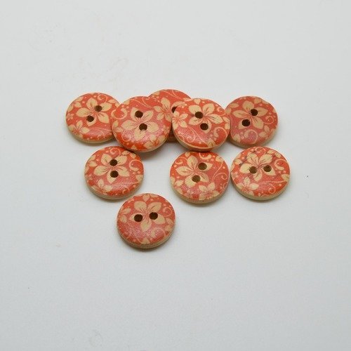 9 boutons en bois imprimé motif fleur - rouge/écru - 15mm